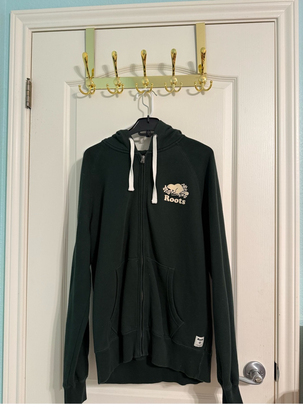 Roots Dark Green Zip Hoodie with Cream Drawstrings